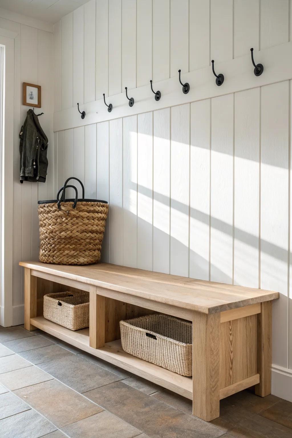Light oak bench + crisp shiplap backing for texture that makes simple hooks feel designed.