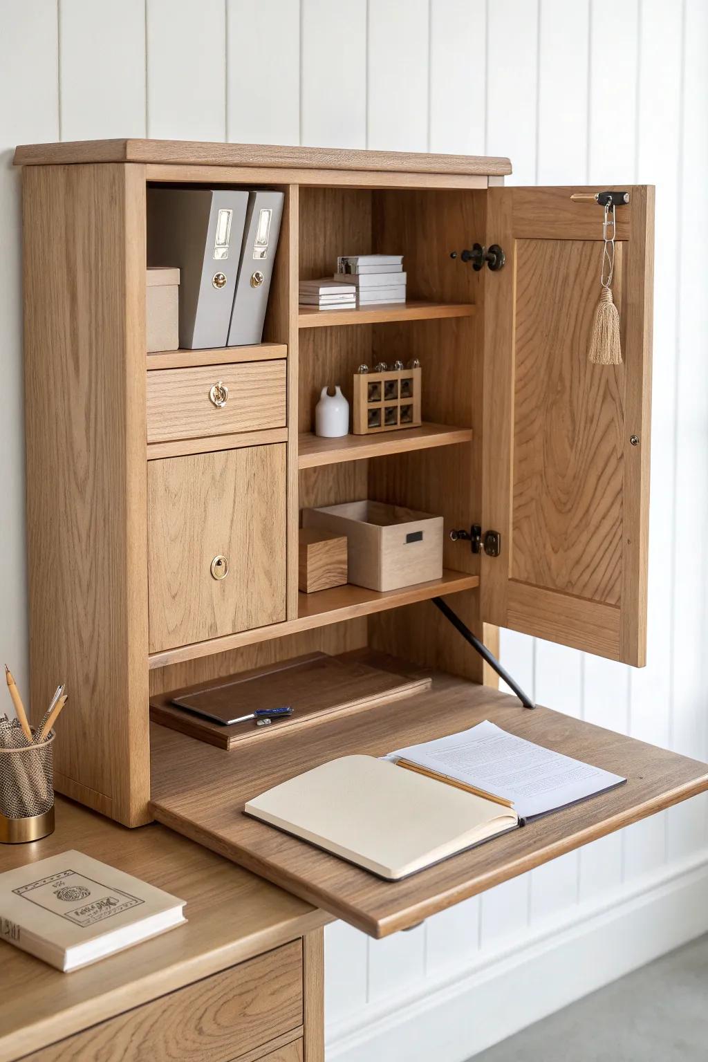 A fold-down wall desk cabinet: hidden workspace + tidy cubbies in one calm, minimalist piece.