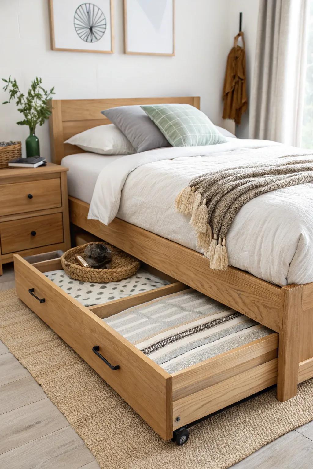 Handcrafted oak trundle bed: a bonus sleeper at night, and open floor space all day.