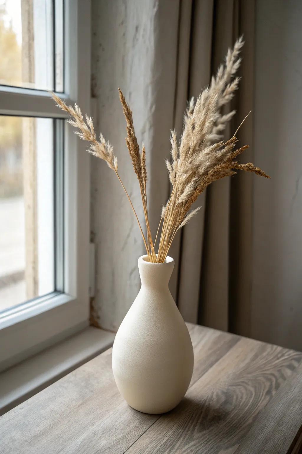 Faded dried grasses in a simple vase—soft, cozy, and effortlessly timeless.