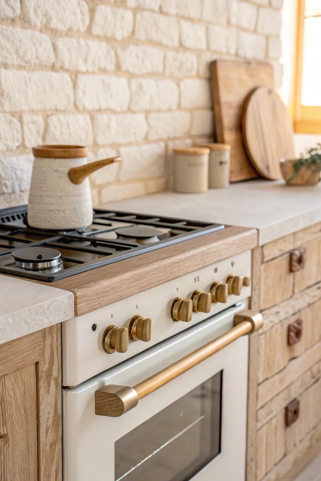 Pale stone (or soft brick) backsplash texture for an airy, cozy, natural kitchen.