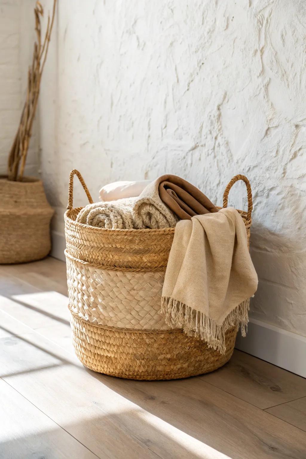 Woven wicker basket storage that hides blankets beautifully—natural texture, calm, and clutter-free.