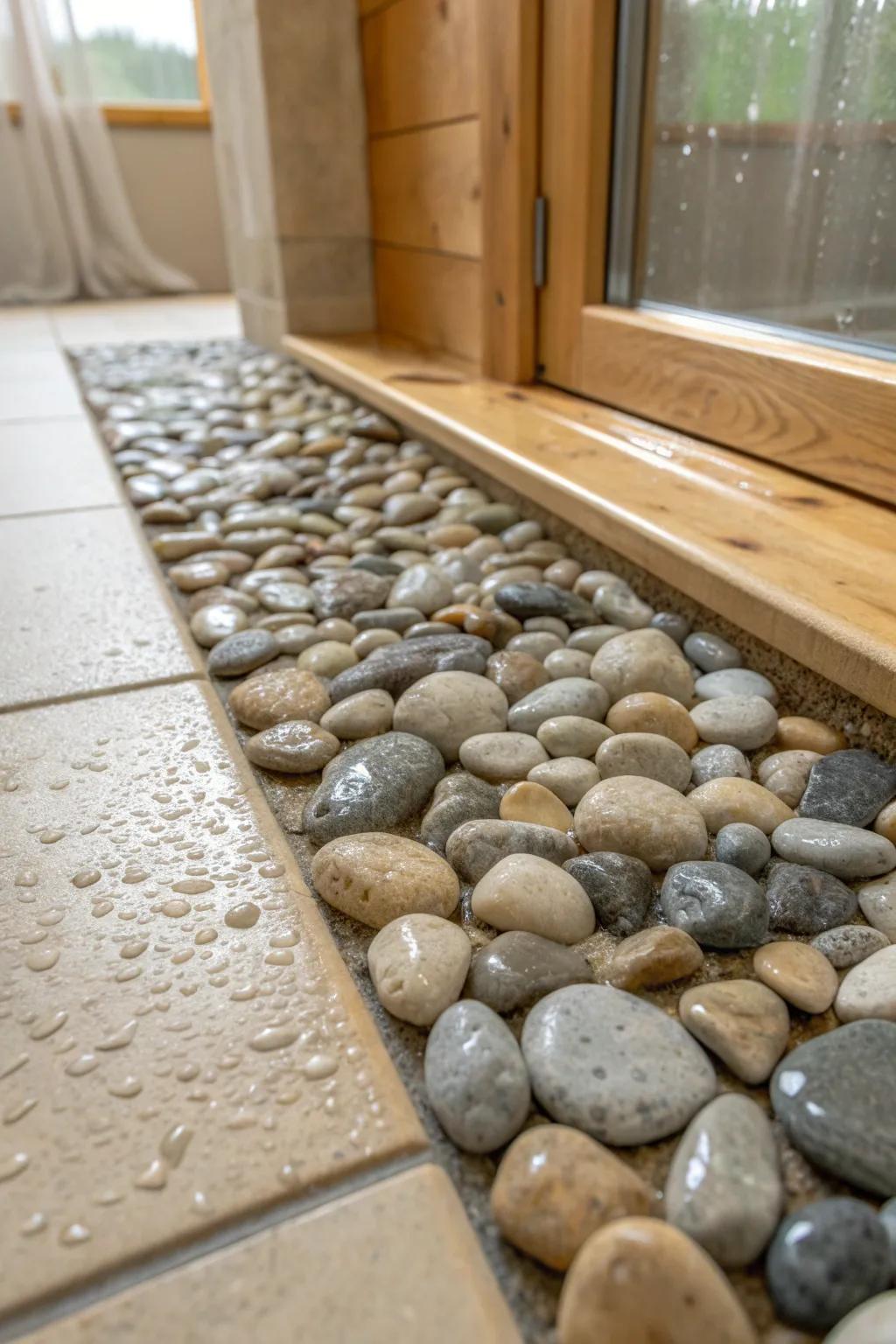 River rock shower floor bliss—cool stones, warm wood tones, and a spa-like stream feeling.