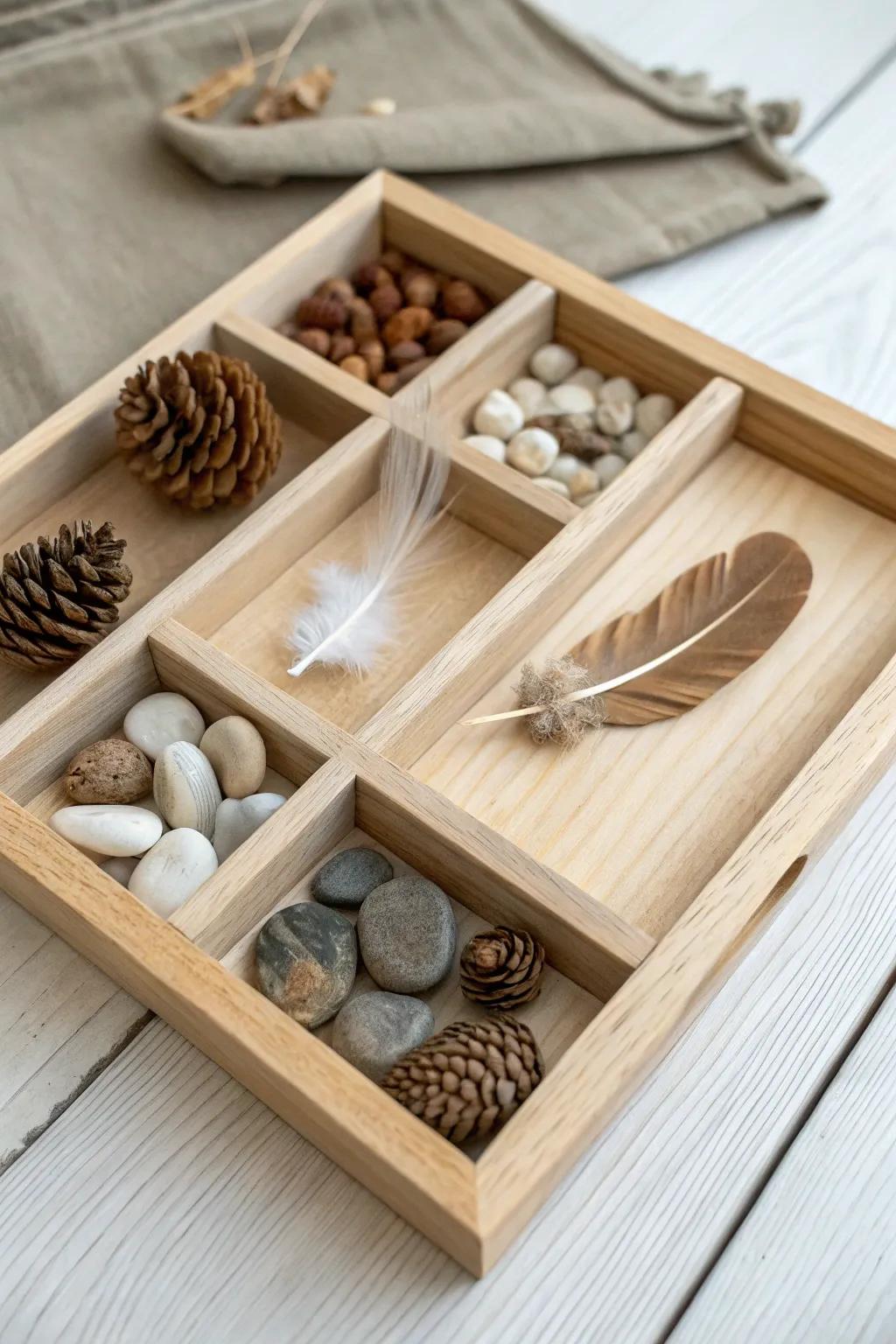 Handcrafted sorting tray for pinecones, stones, seed pods & feathers—minimal nature study beauty.