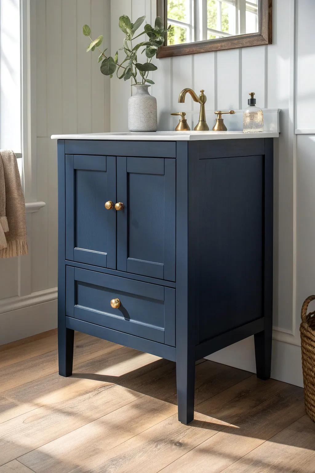 Freestanding navy vanity on tapered legs—lighter, furniture-like charm with crisp shadow line.