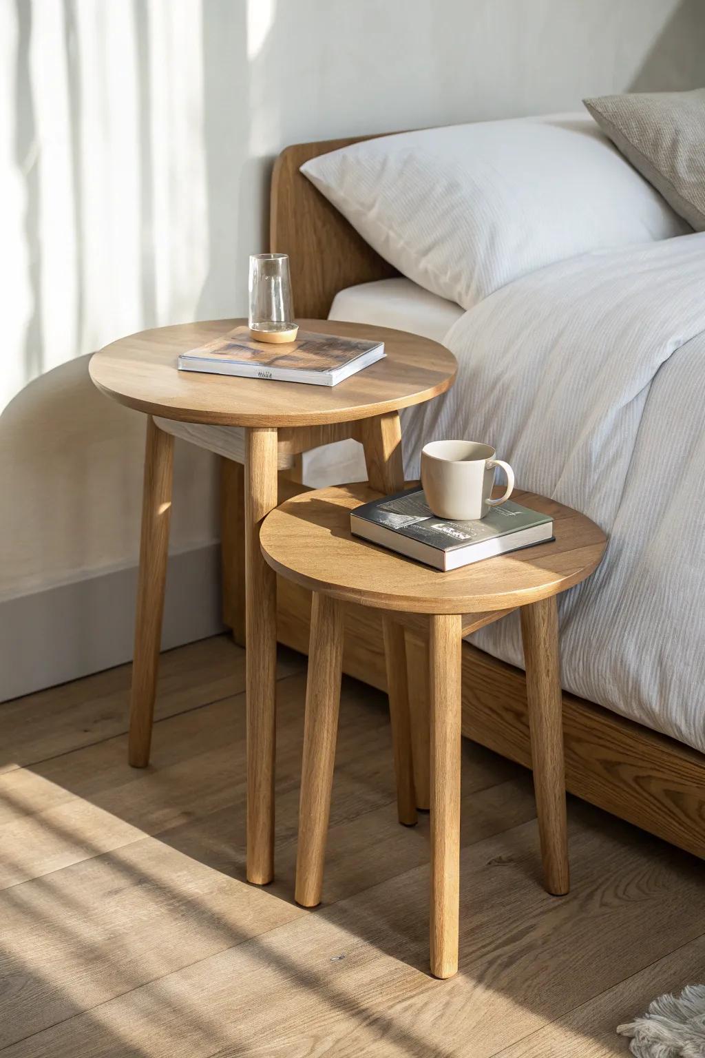 Light oak nesting tables: a flexible, space-saving nightstand with extra surface on demand.