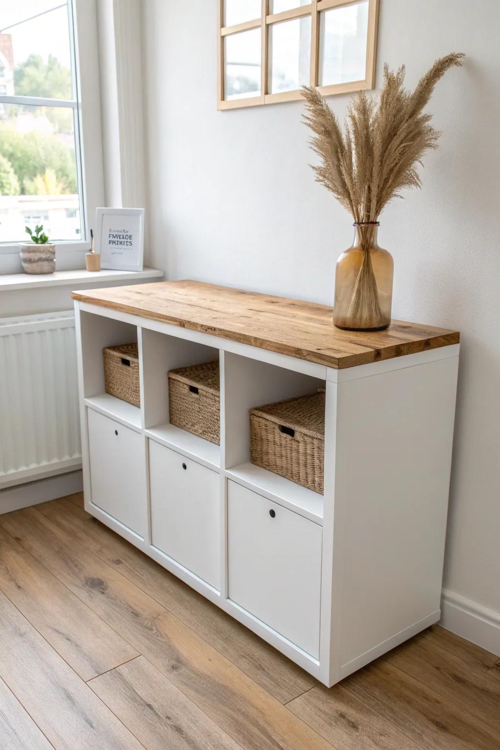 Reclaimed wood topper makes cube storage look like a custom built-in console.