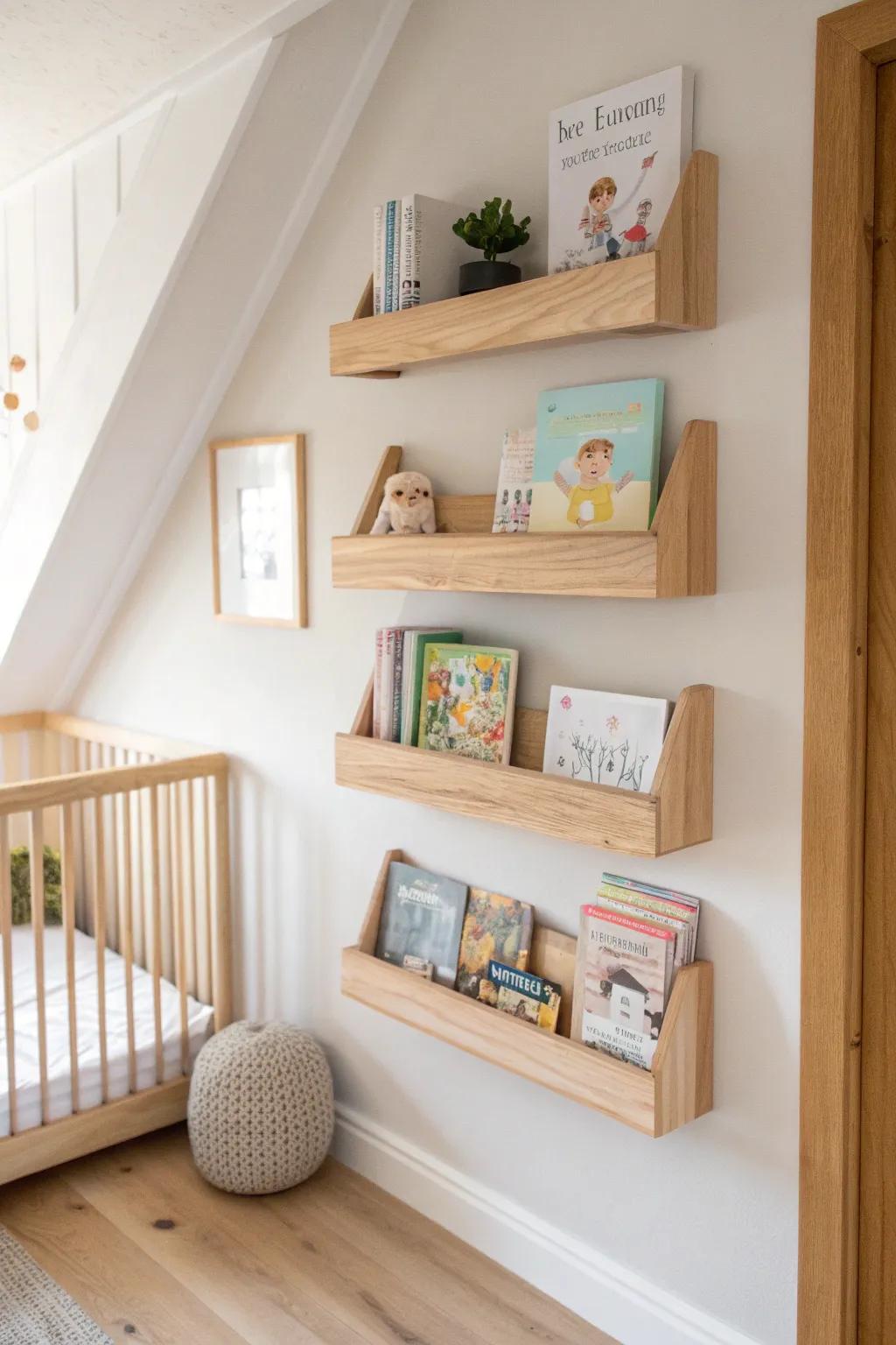 A vertical stack of nursery shelves—books below, photo in the middle, soft toy on top.