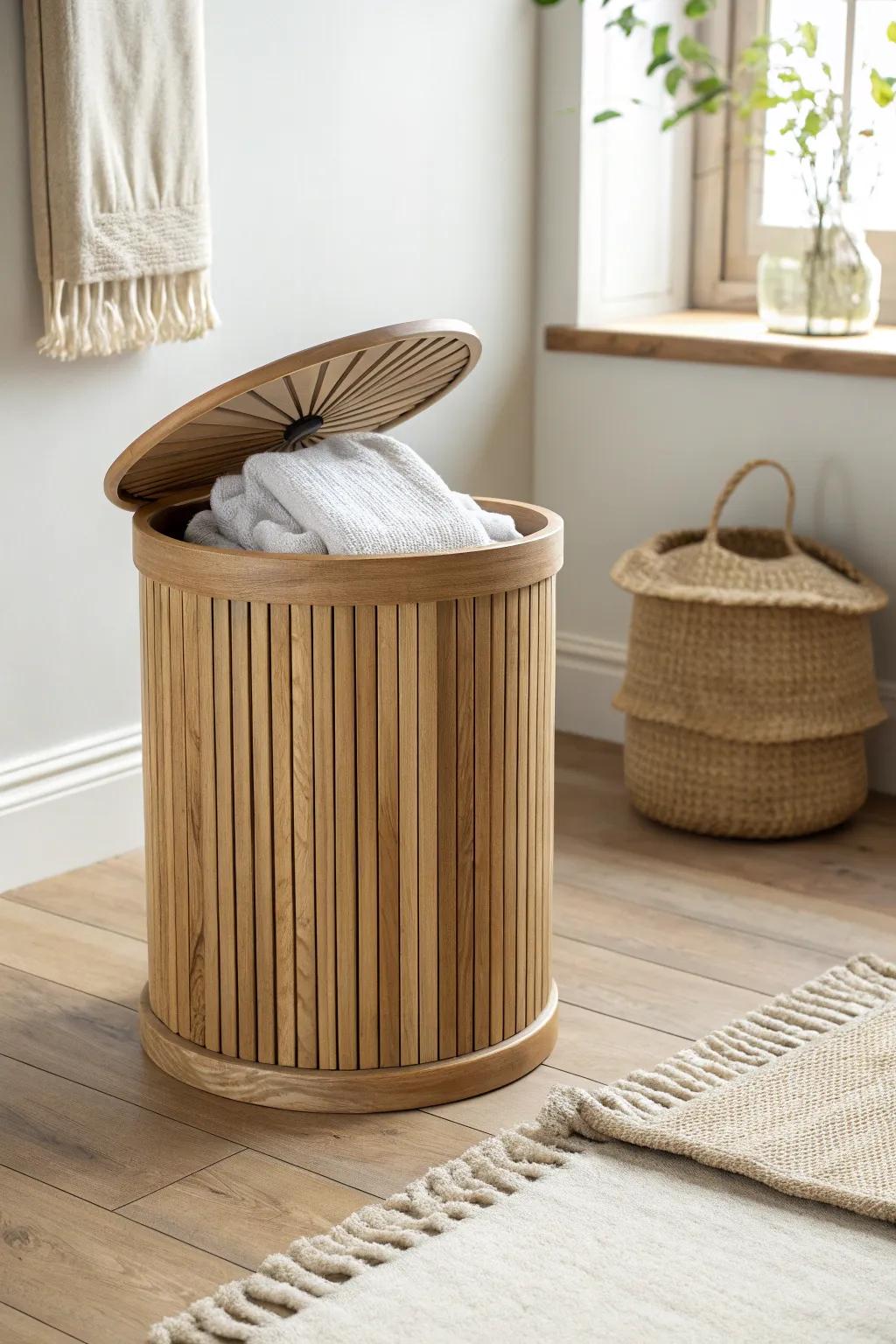 A calm nursery hero: lidded oak drum table with hidden storage for swaddles and burp cloths.