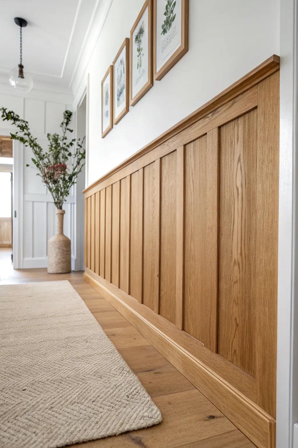 Board-and-batten oak wainscoting: a hallway armor that looks soft, warm, and timeless.