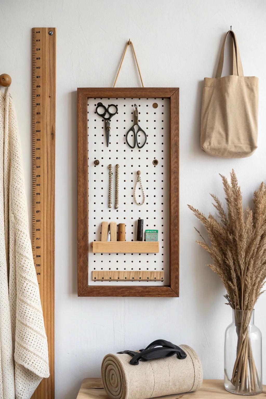 Warm wood-framed pegboard turns everyday supplies into chic, minimalist desk decor.