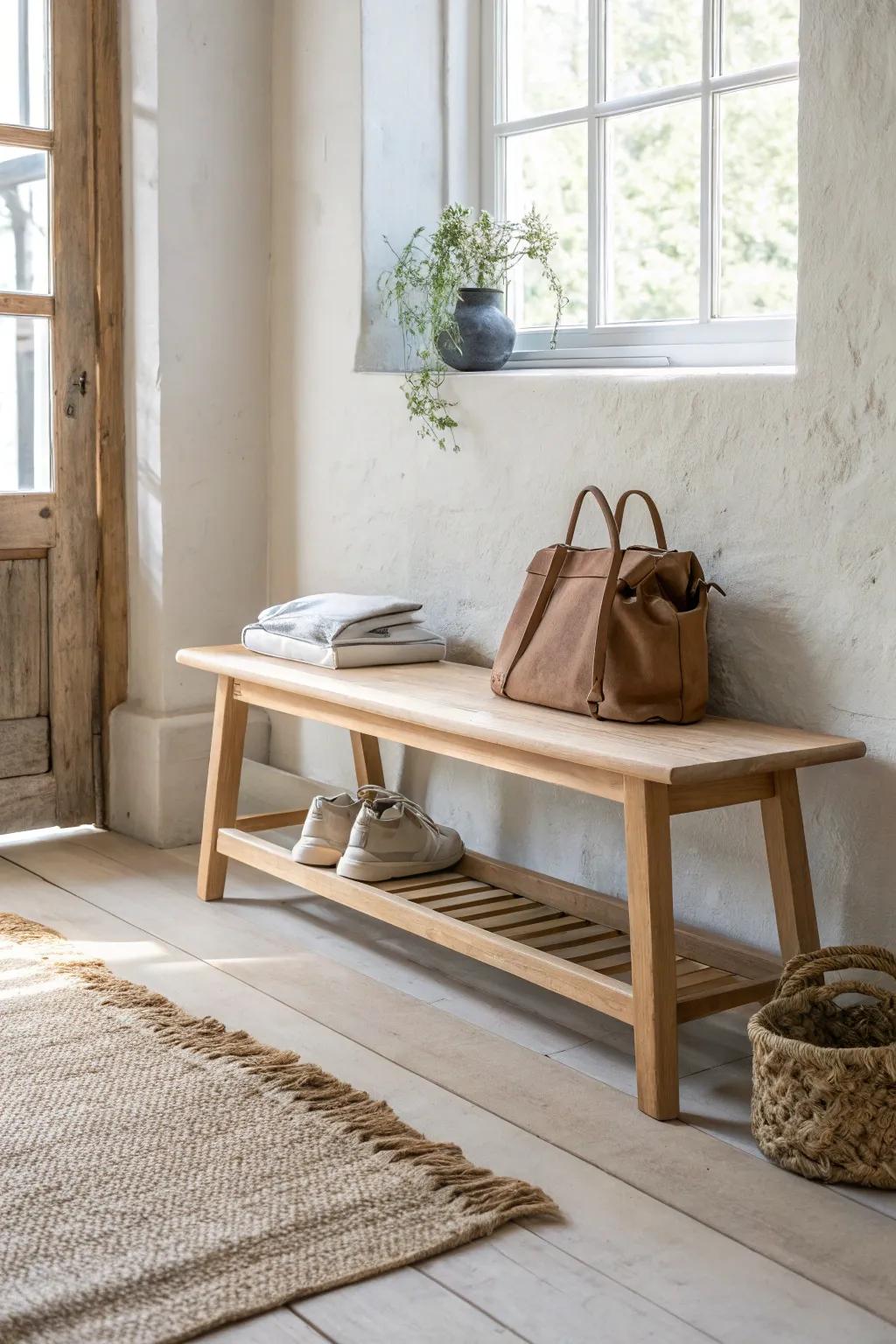Clean-lined oak bench with an open shelf—extra lobby seating without visual clutter.