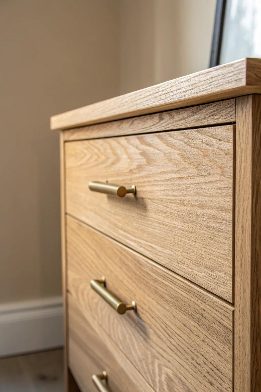 One simple swap: a sleek brass pull on warm oak for an instant, polished office upgrade.