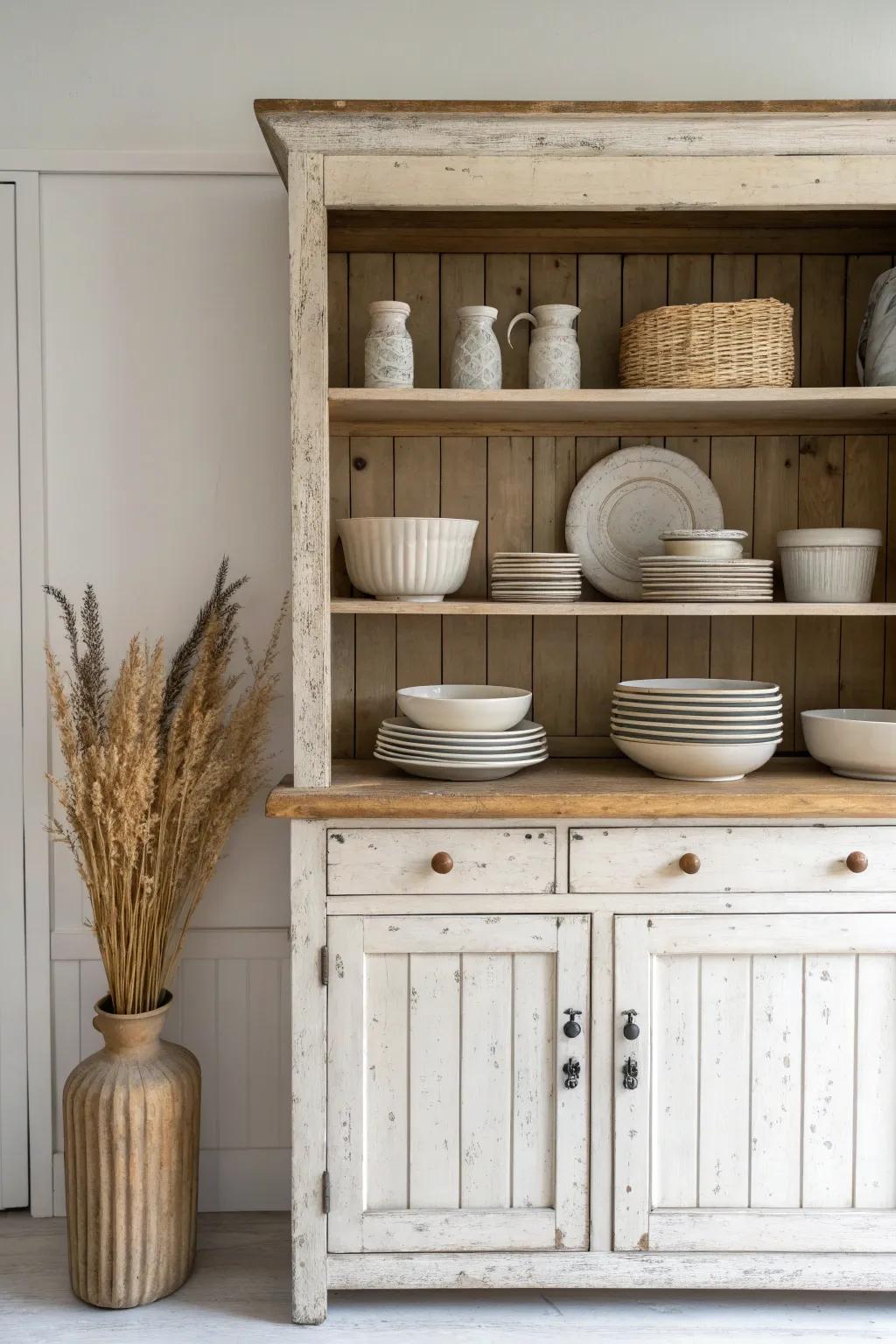 A timeless farmhouse hutch with beadboard backing—simple, collected, and made for daily plates.