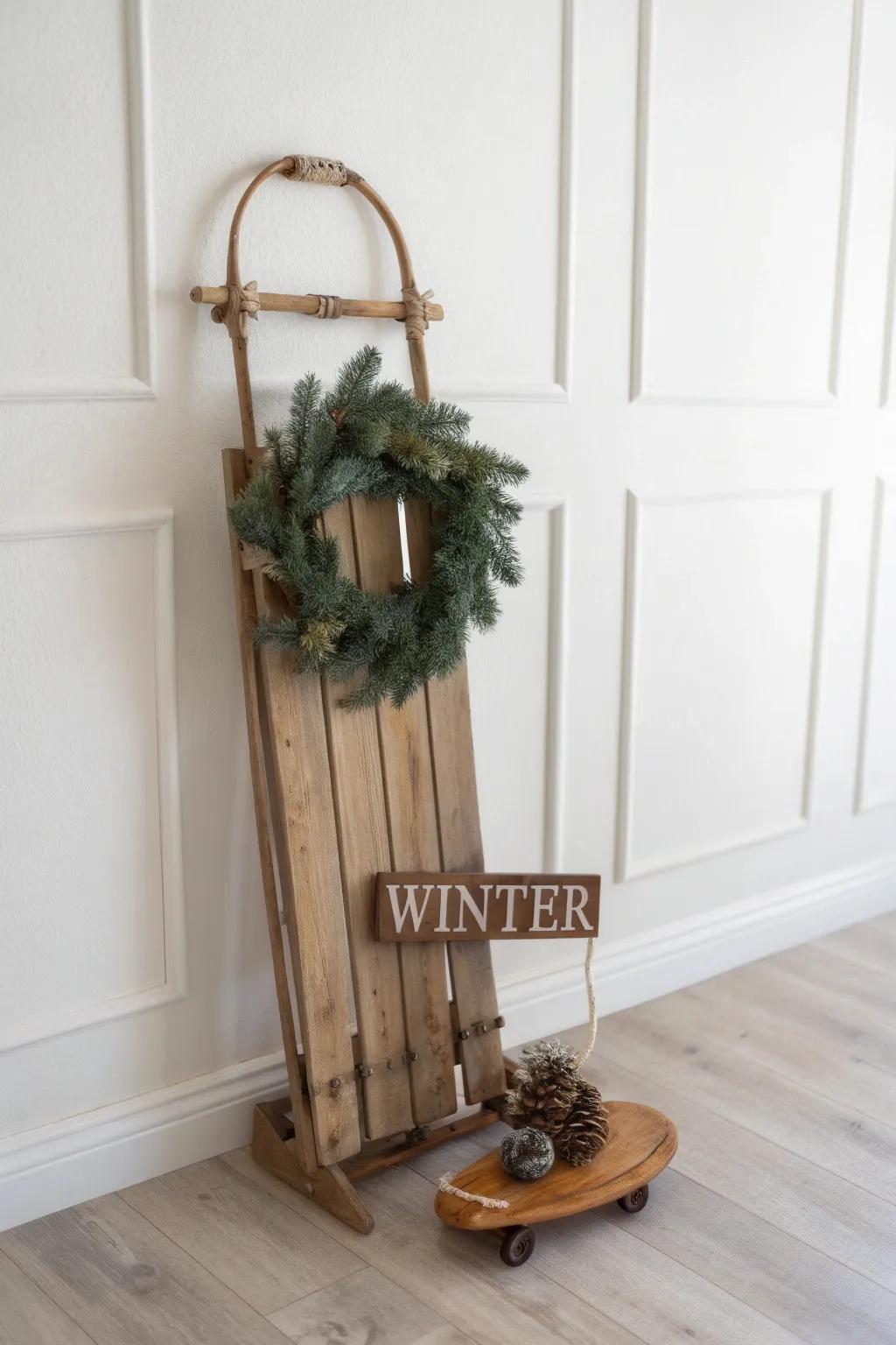 Mini evergreen wreath + burned-wood word tag—simple, cozy charm for a vintage sled.