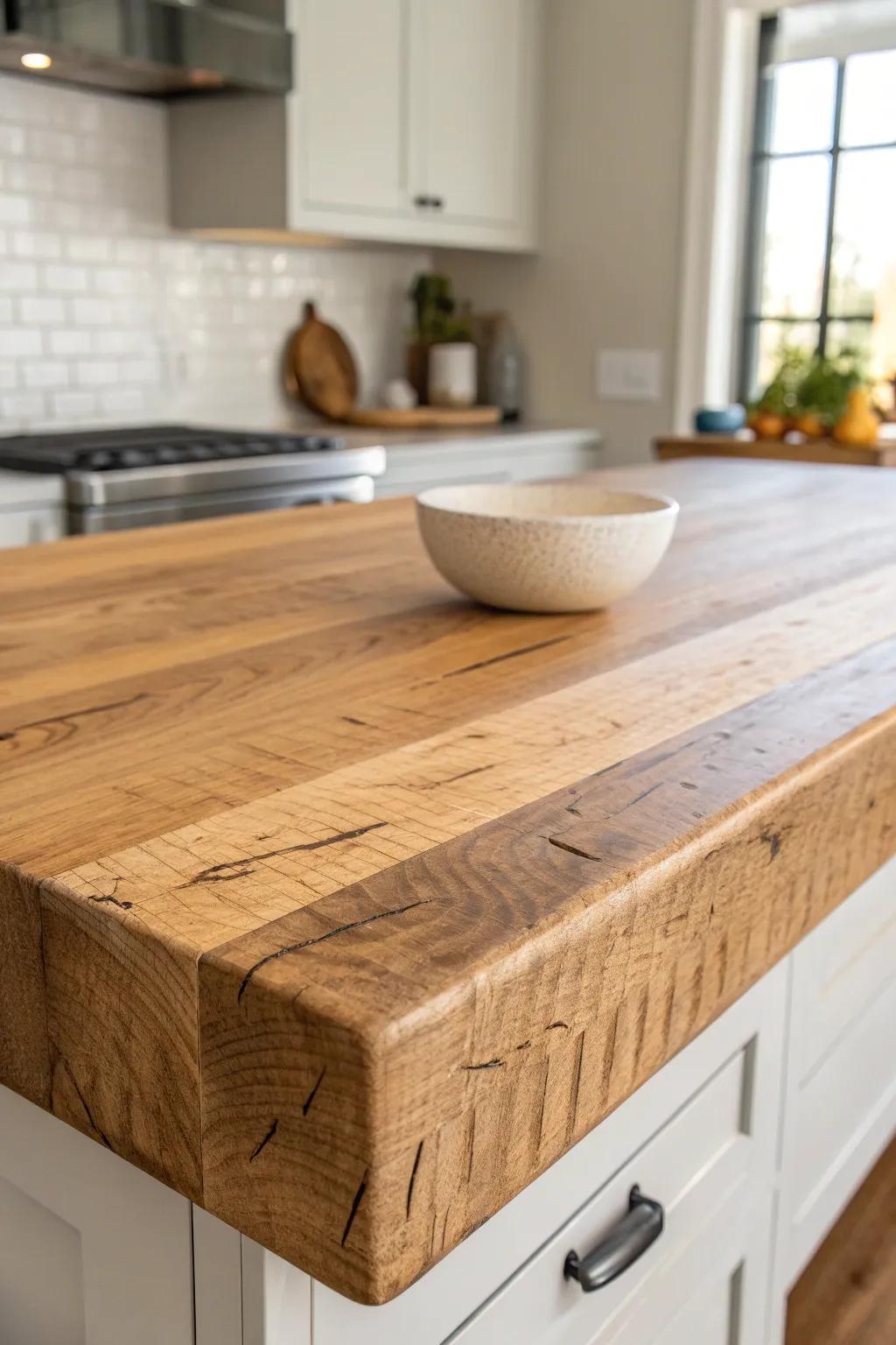 Aged butcher block beauty—sealed for daily use, with knife marks that tell a story.