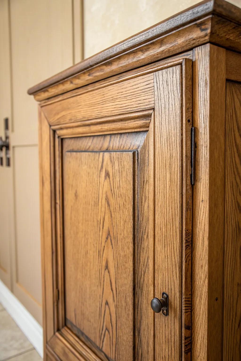 Warm wood cabinets with a soft distressed glaze—darkened edges for true old-world charm.