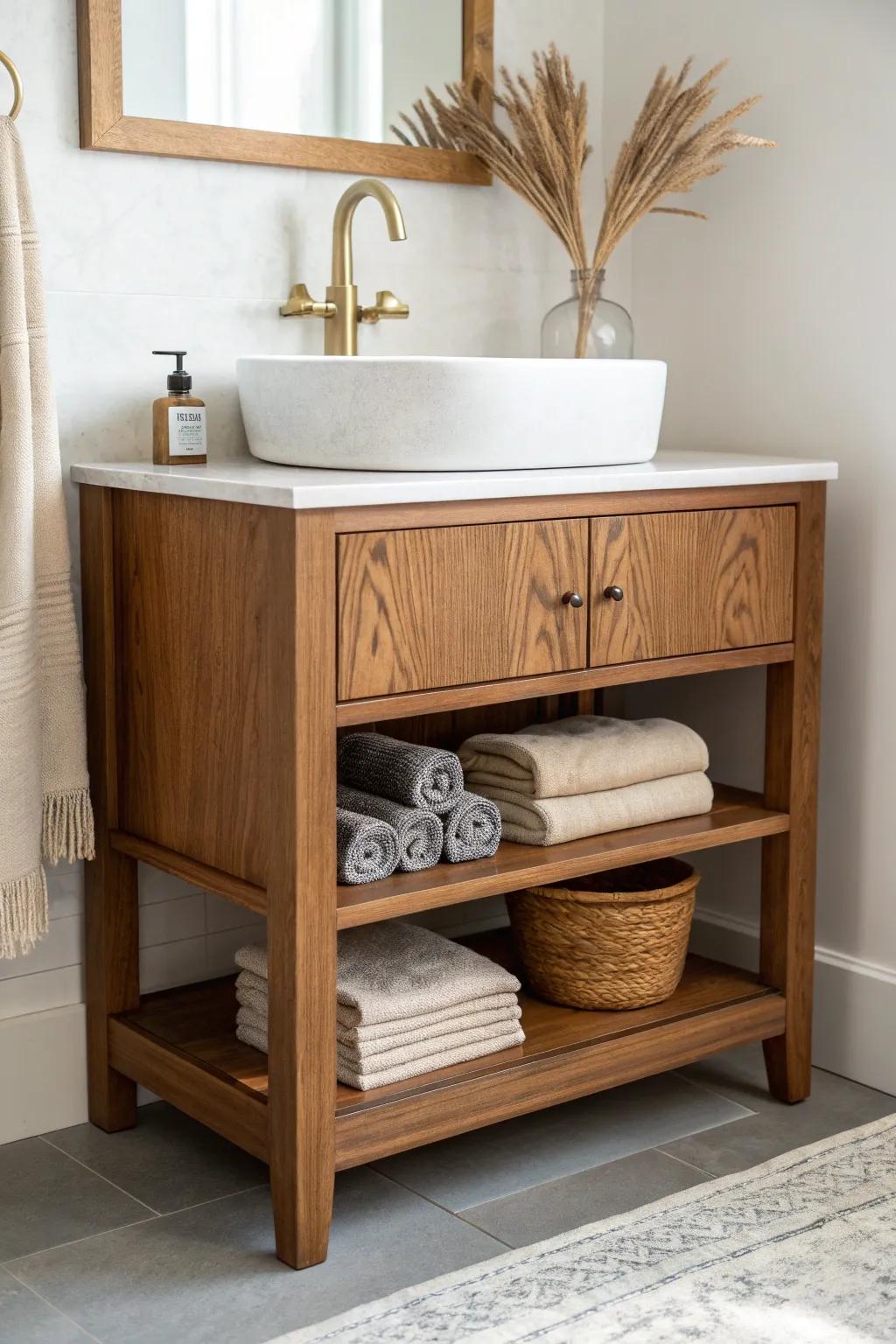 Two-tier oak open vanity with brushed brass plumbing—clean, minimal, and beautifully intentional.