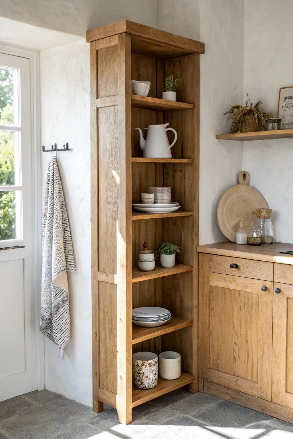 Wrap reclaimed wood open cabinets around a corner for a cozy, planned kitchen flow.