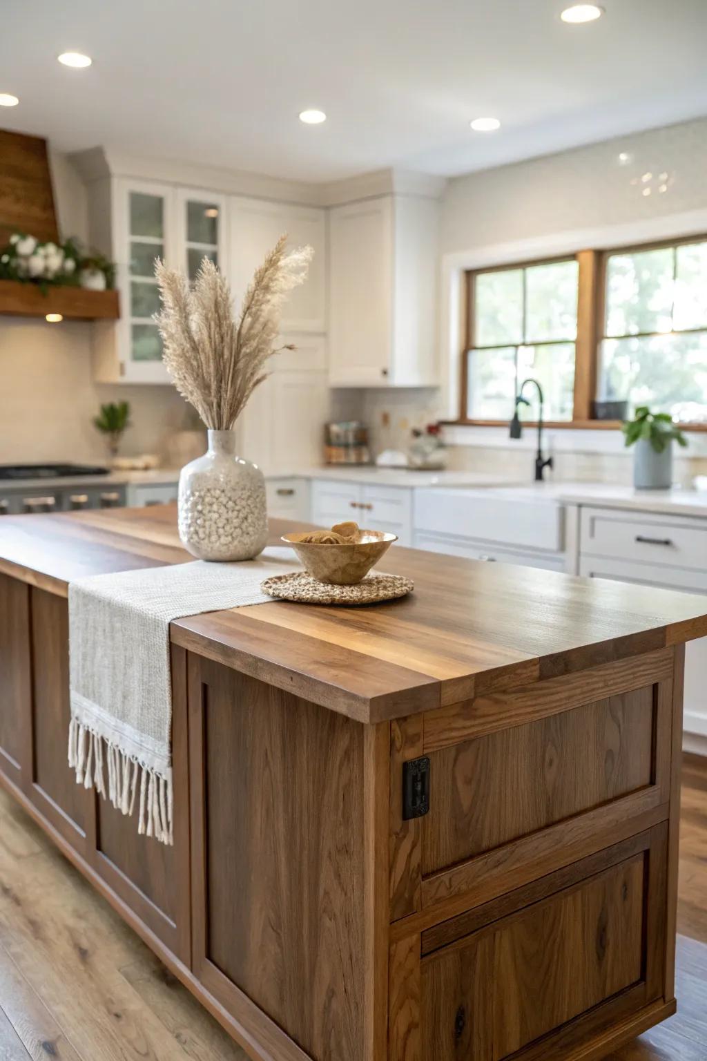 Two-tone contrast: light cabinets with a rich wood island to anchor an airy open kitchen.