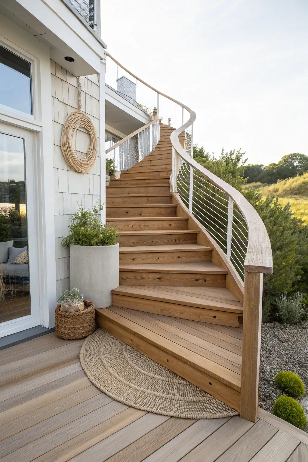 U-shaped wraparound steps that feel built-in—minimal, airy, and made for easy flow.