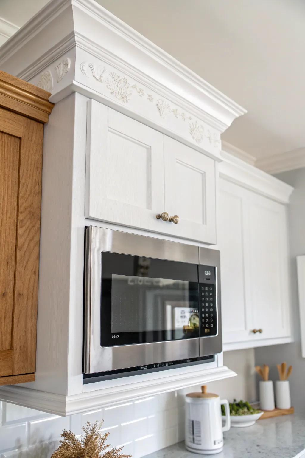 Crown molding that wraps the microwave cabinet for a seamless, built-in custom look.