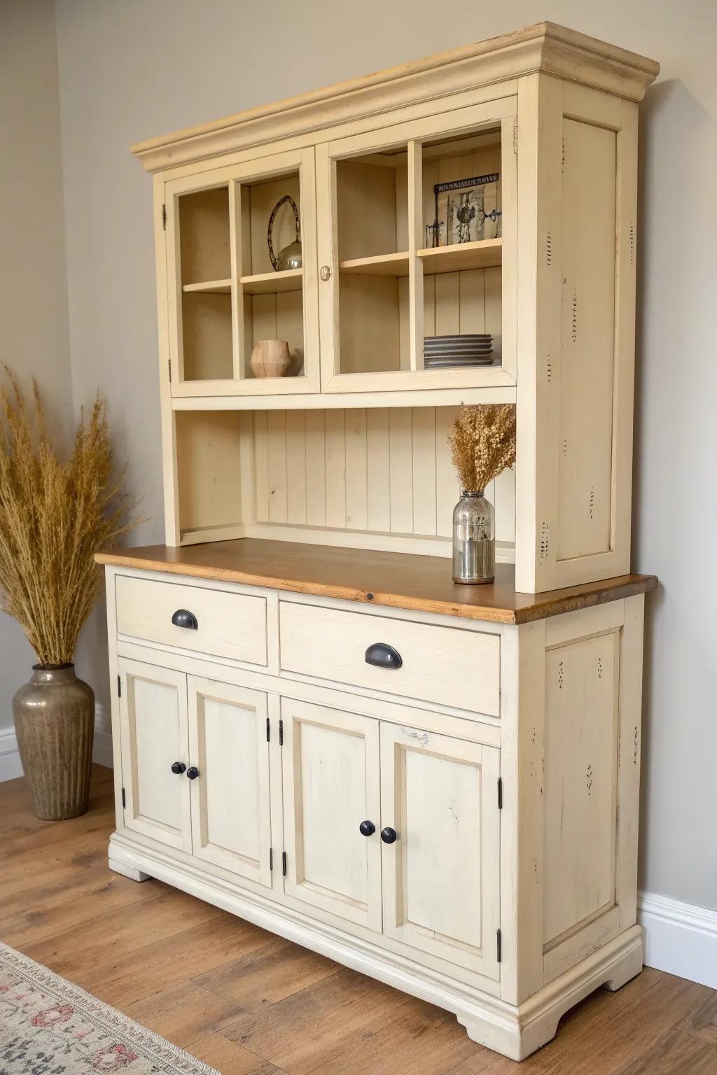 Painted buffet + hutch with a natural wood top—warm contrast, grain detail, and cozy durability.