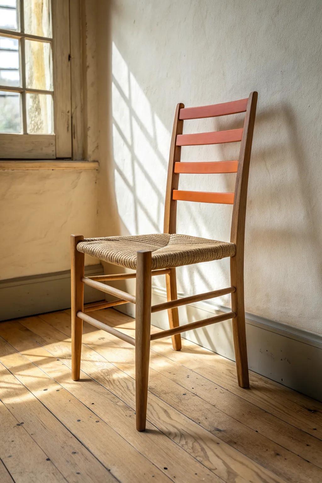Bold terracotta backrest color-blocking turns a simple ladder-back chair into modern art.
