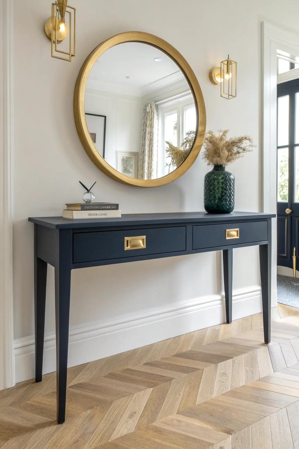 Deep navy console with warm brass hardware and a mirror for moody, grown-up entry charm.