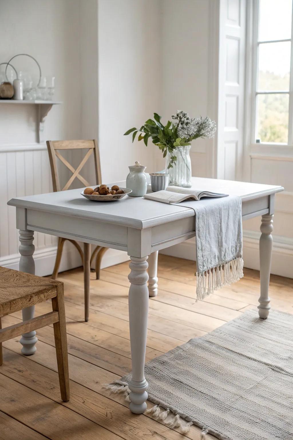Soft gray painted dining table for a clean, airy dining room—calm, bright, and timeless.