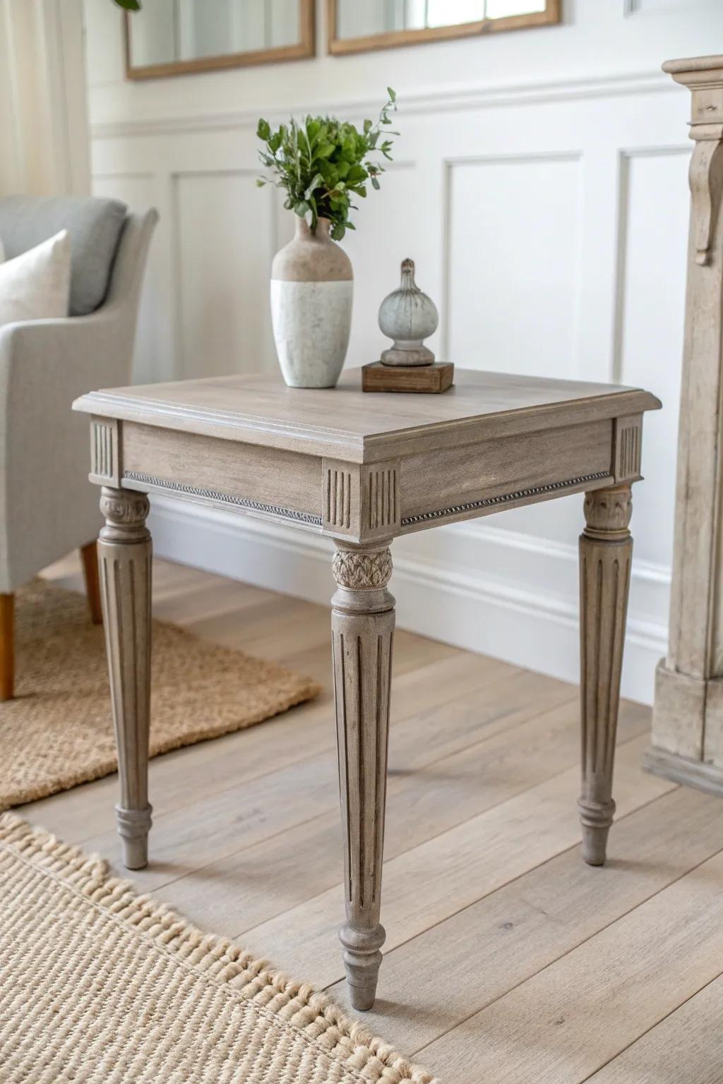 Matte greige end table: a modern neutral that elevates turned legs in any room.