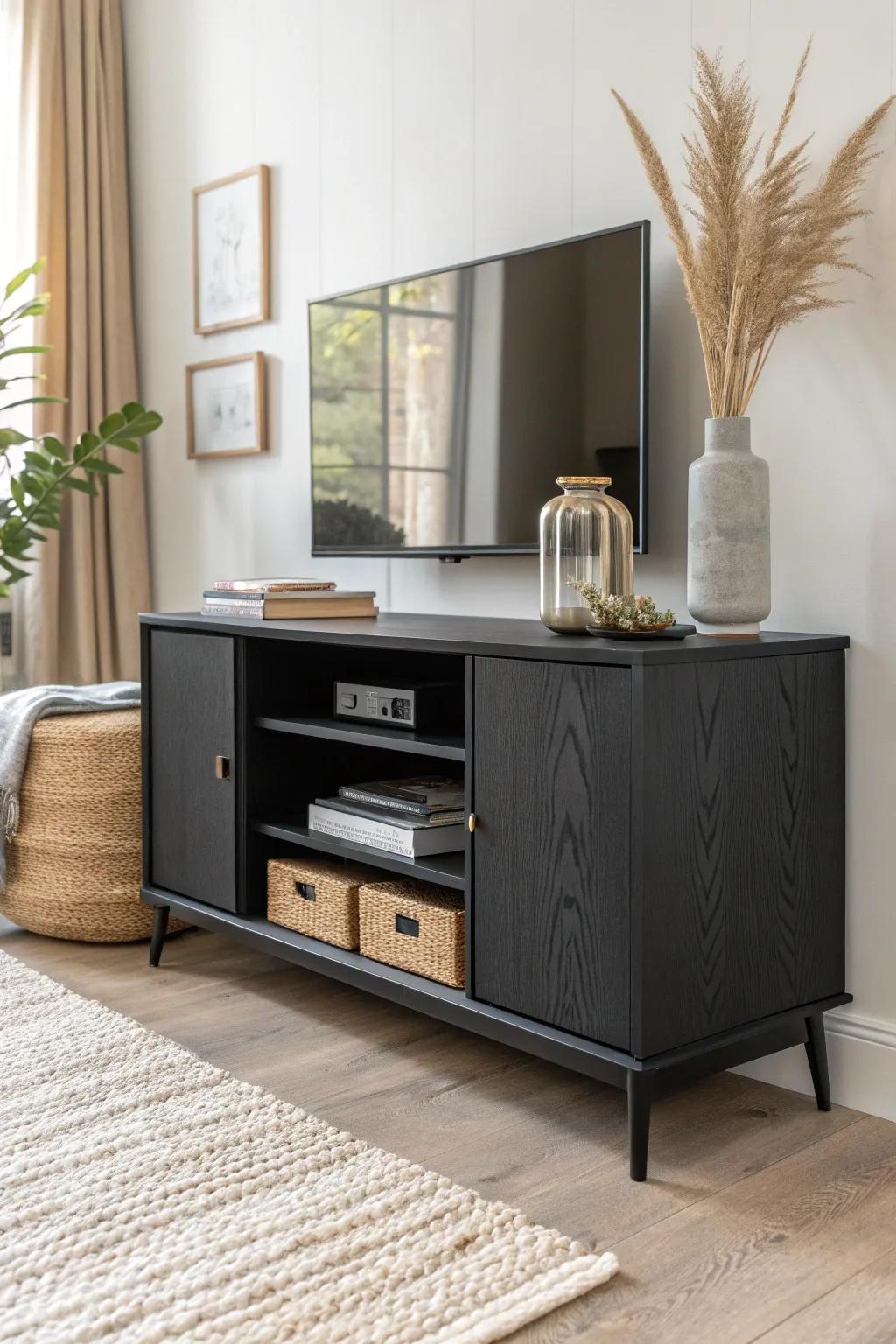 Black painted entertainment center with airy shelves—minimal styling for modern drama.