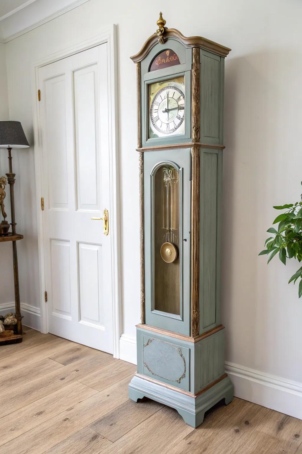 Soft gray distressed grandfather clock—vintage charm with clean Scandinavian calm.