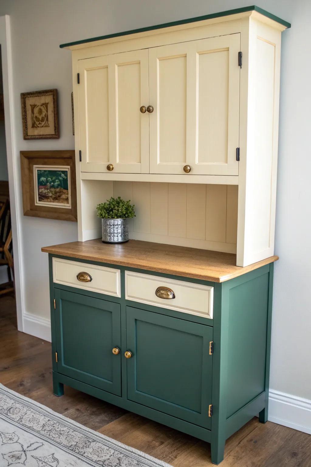 Two-tone Hoosier cabinet: dark base, light hutch—adds height, contrast, and custom charm.