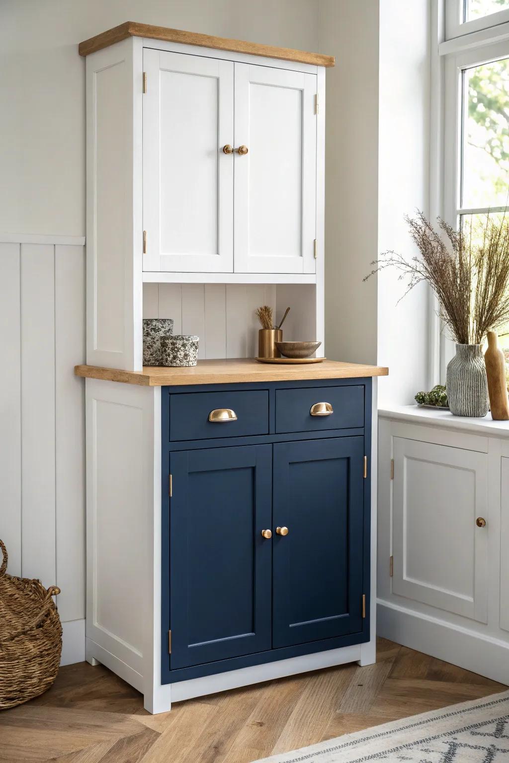 Navy lower cabinets + white uppers: a bold, grounded two-tone look that still feels light.