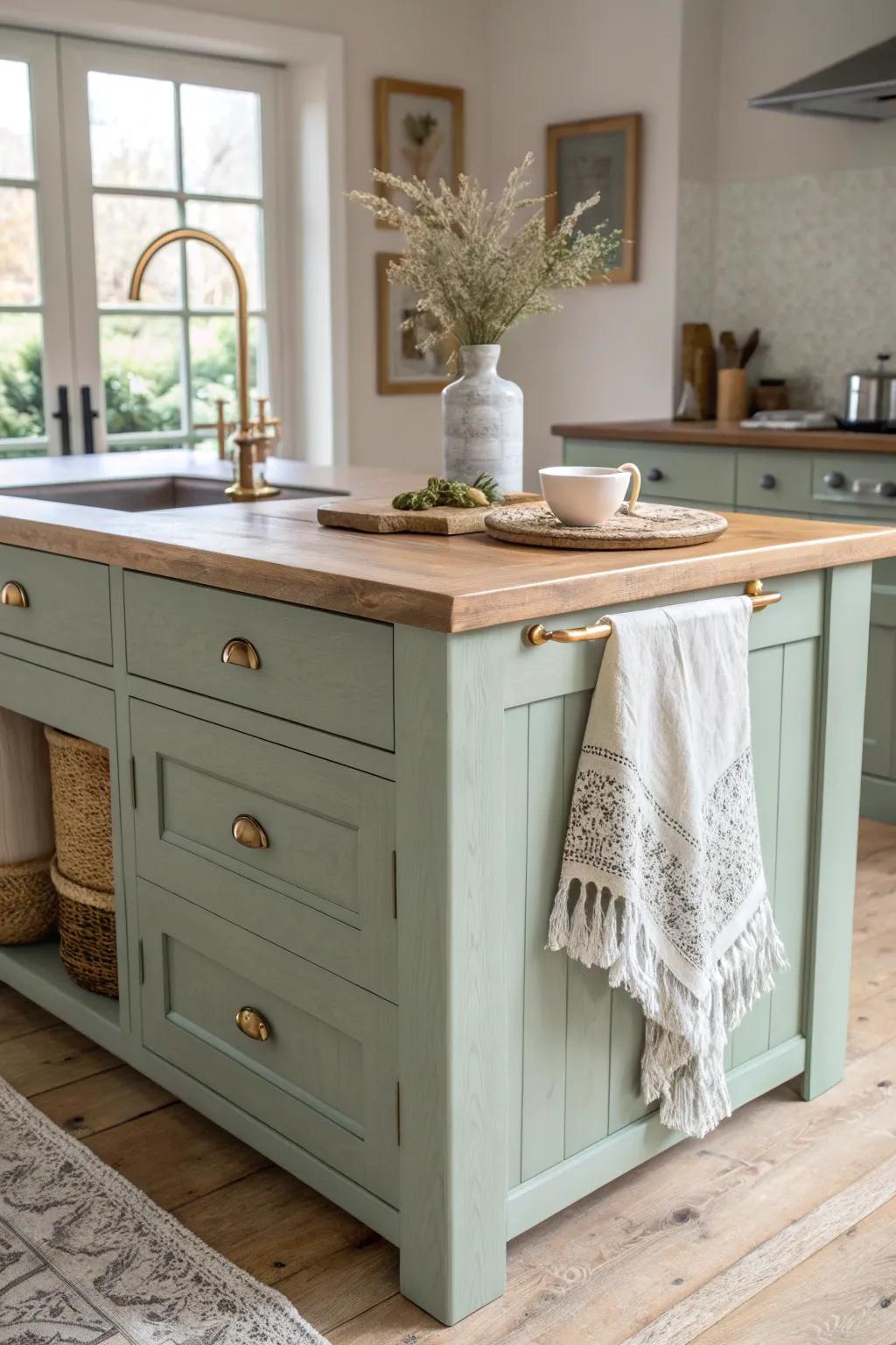 Sage green island + warm brass and oak—fresh modern farmhouse style with a calm, lived-in feel.