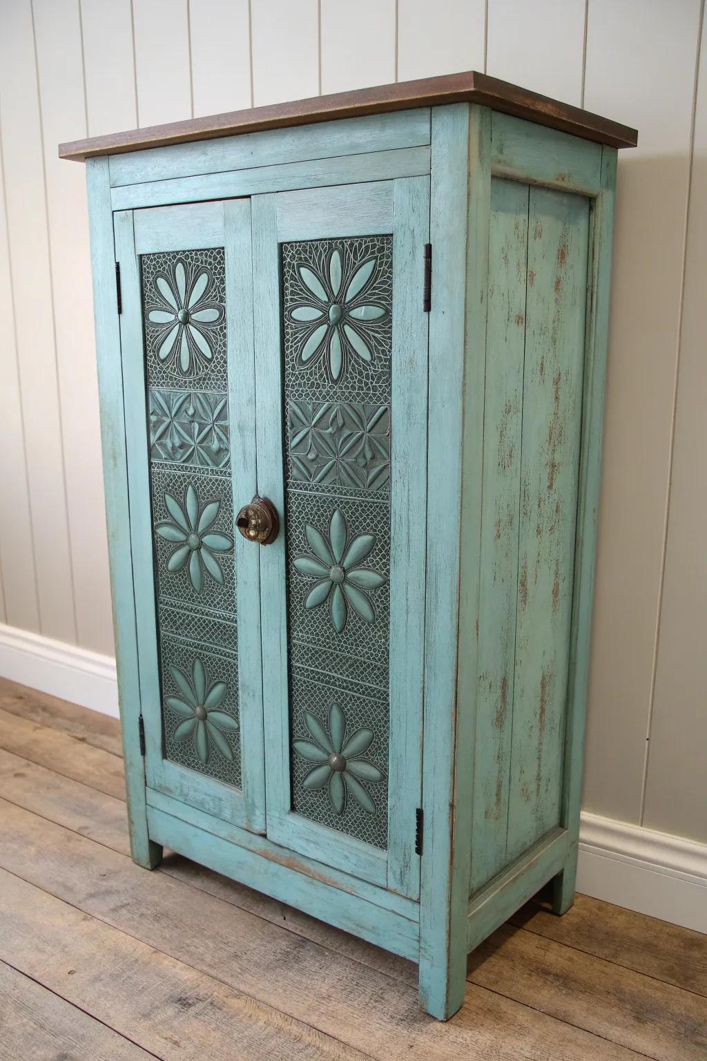 Robin’s-egg blue pie safe with aged punched tin—soft, cheerful color and crisp vintage detail.
