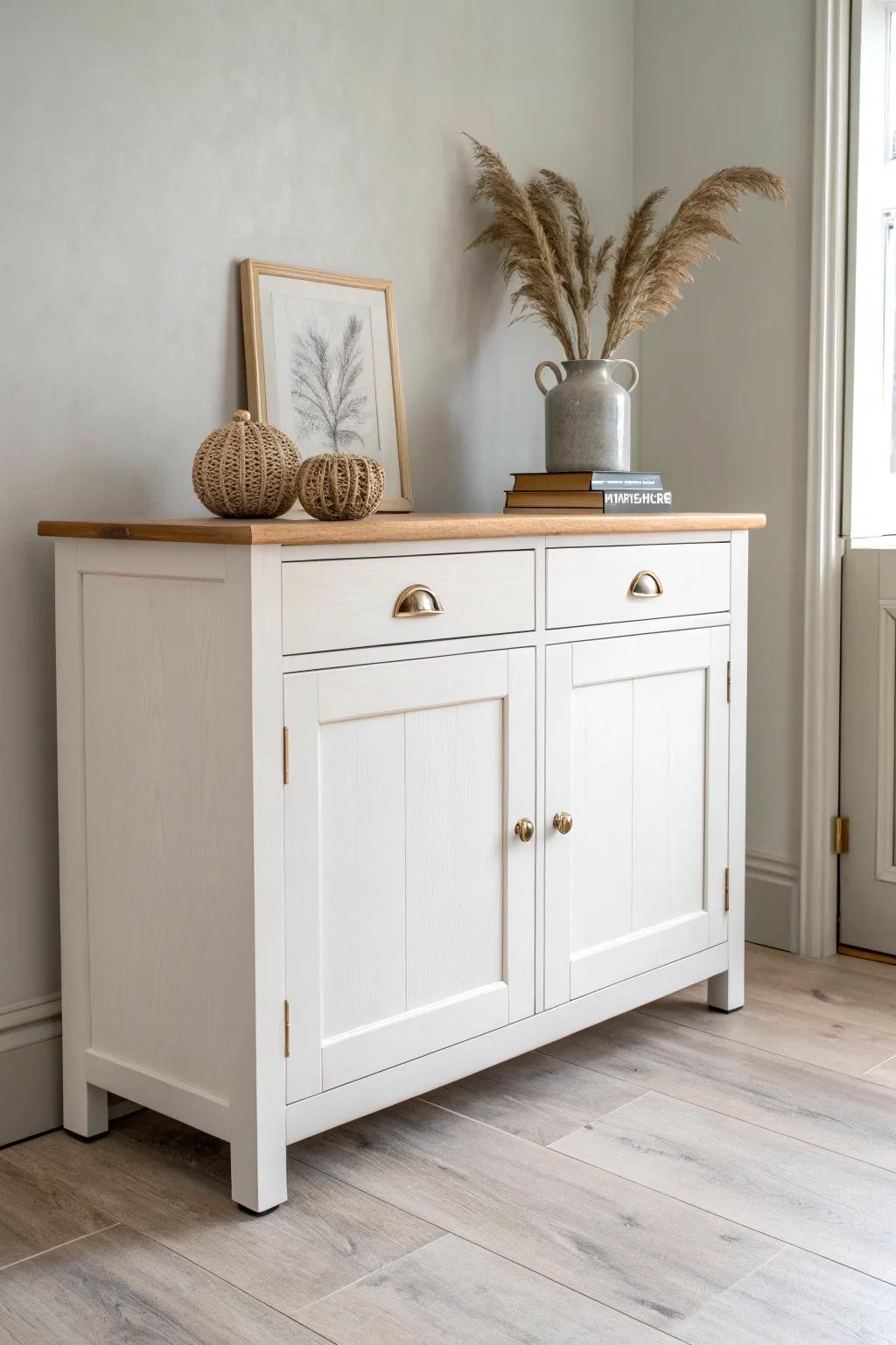 A timeless two-tone sideboard: painted base paired with a natural wood top for warm contrast.