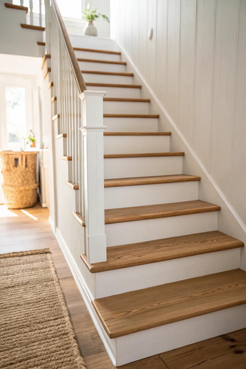 Warm greige painted treads—cozy, neutral, and surprisingly great at hiding everyday scuffs.
