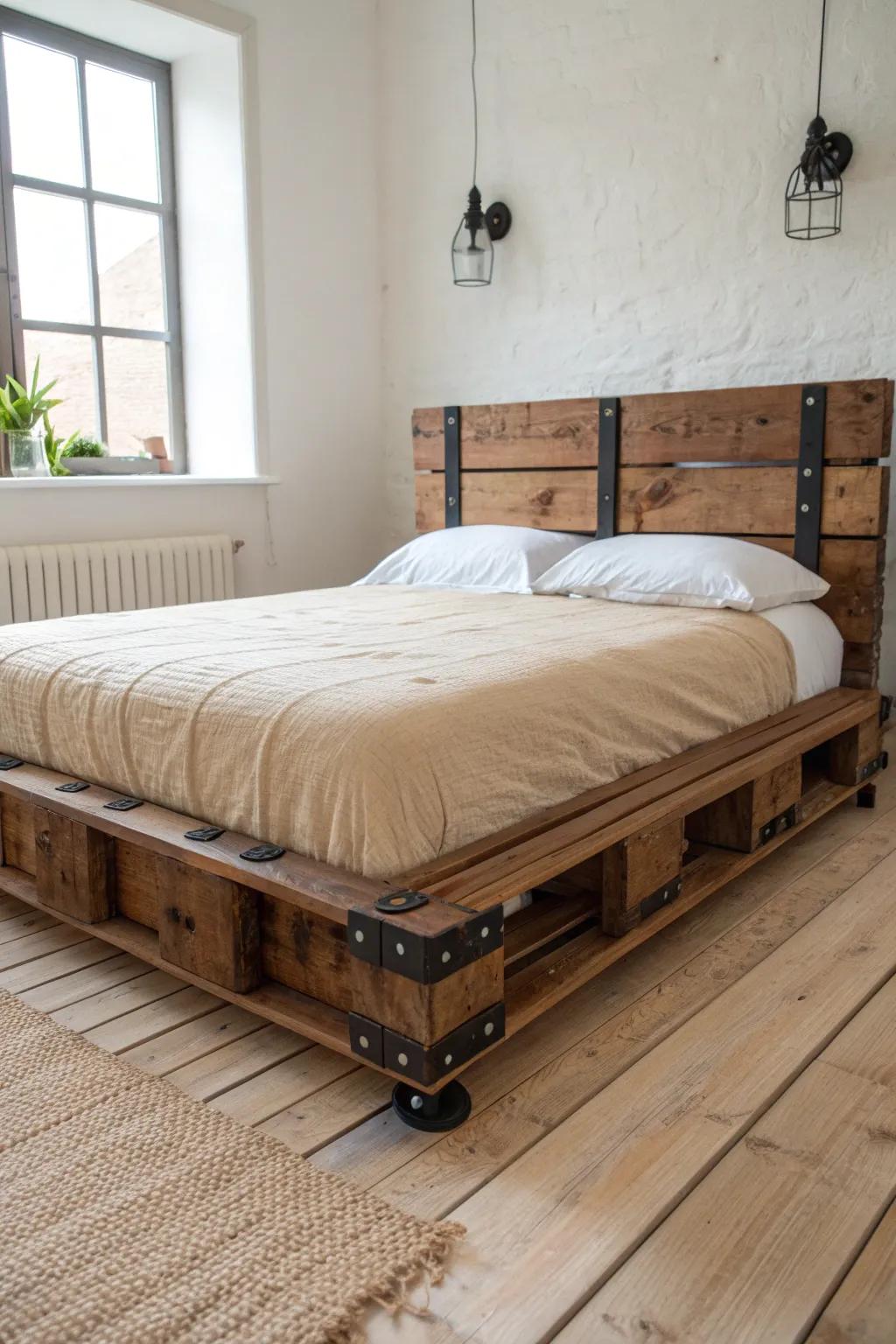 Deep walnut pallet bed with simple black hardware—moody, cozy, and scuff-friendly.