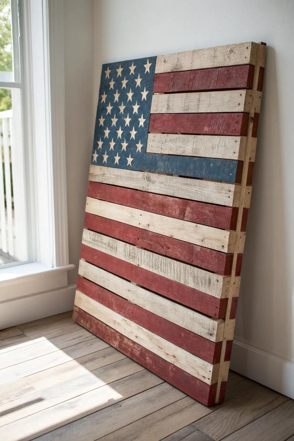 Rustic flag stripes on a scuffed pallet—minimal, timeless paint idea with handmade charm.