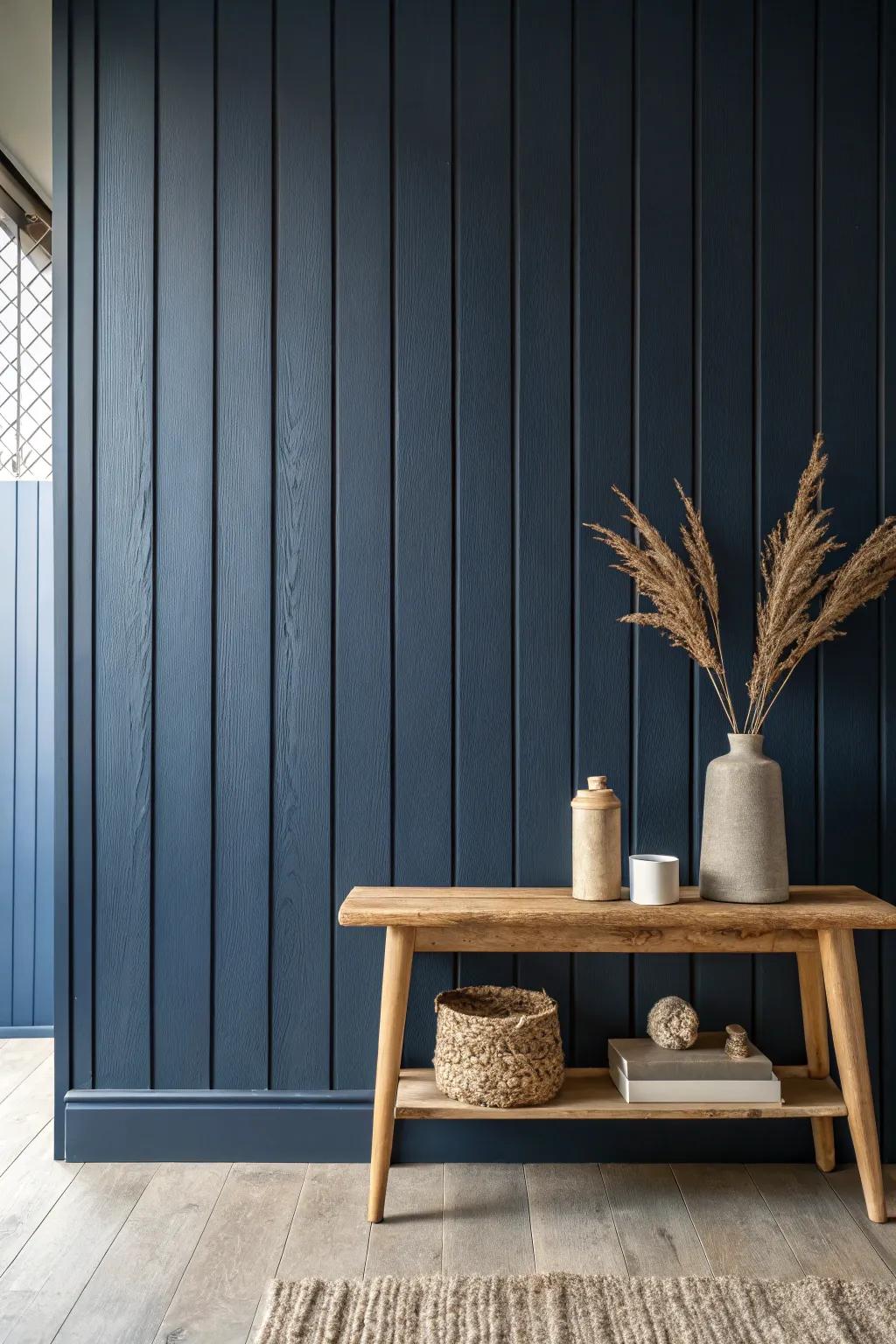 Moody matte navy paneling meets pale oak—simple, crafted contrast with quiet boho warmth.