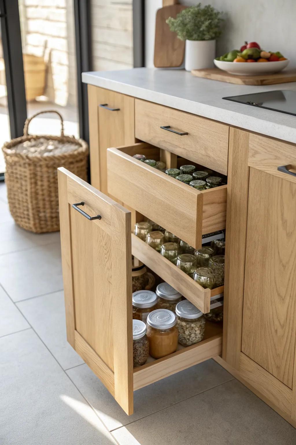 Pull-out drawers make deep pantry bases effortless—no digging, just smooth access to heavy staples.