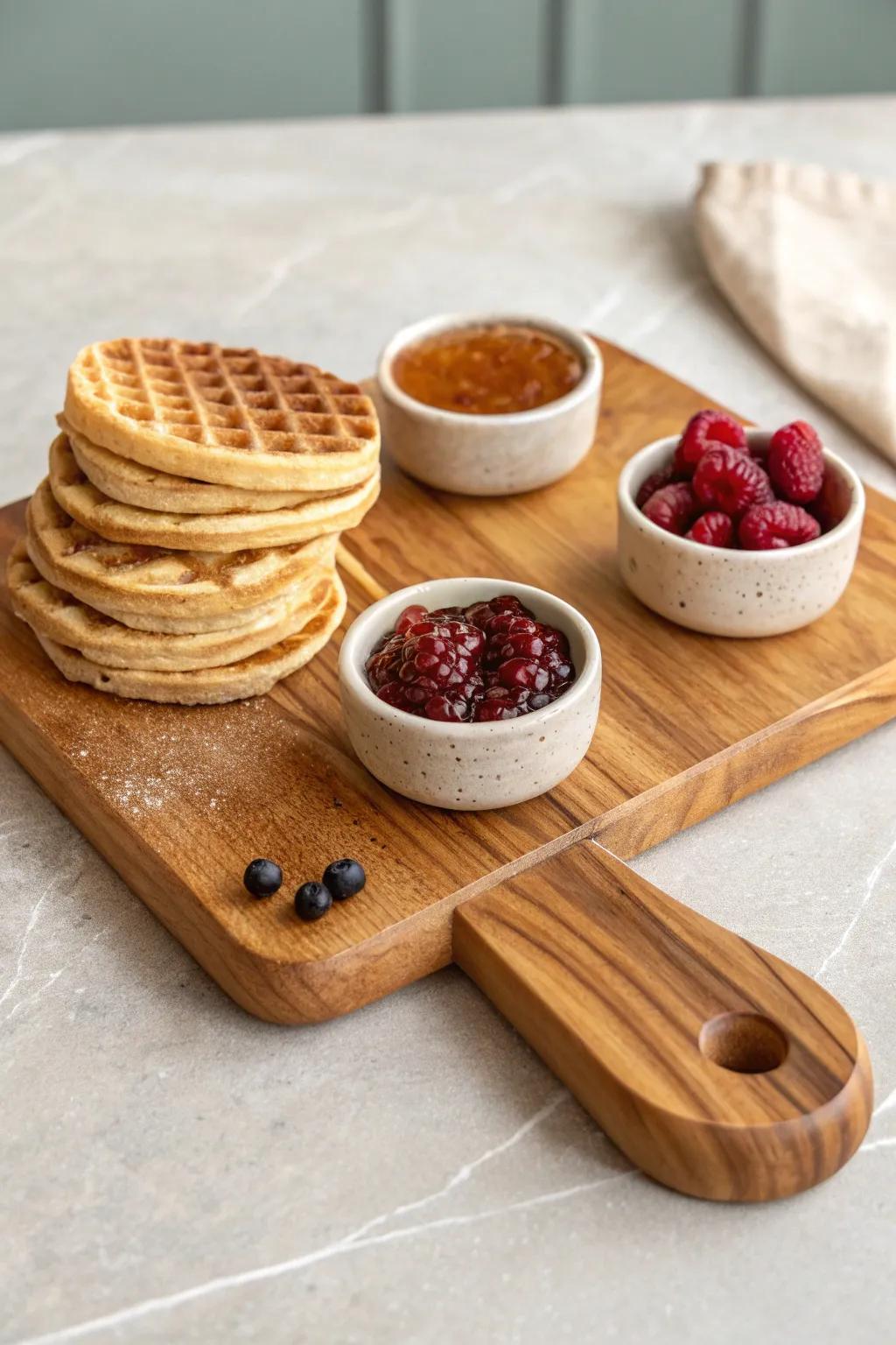 Waffle & pancake board: quartered stacks, syrup and berry compote—grab-and-go brunch beauty.