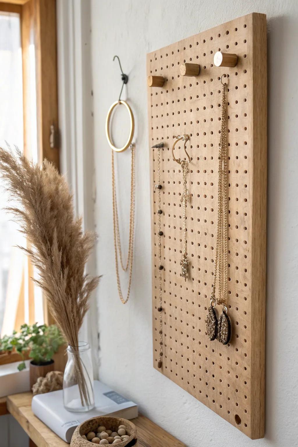 An airy oak pegboard boutique wall—spaced hooks keep necklaces untangled and beautiful.
