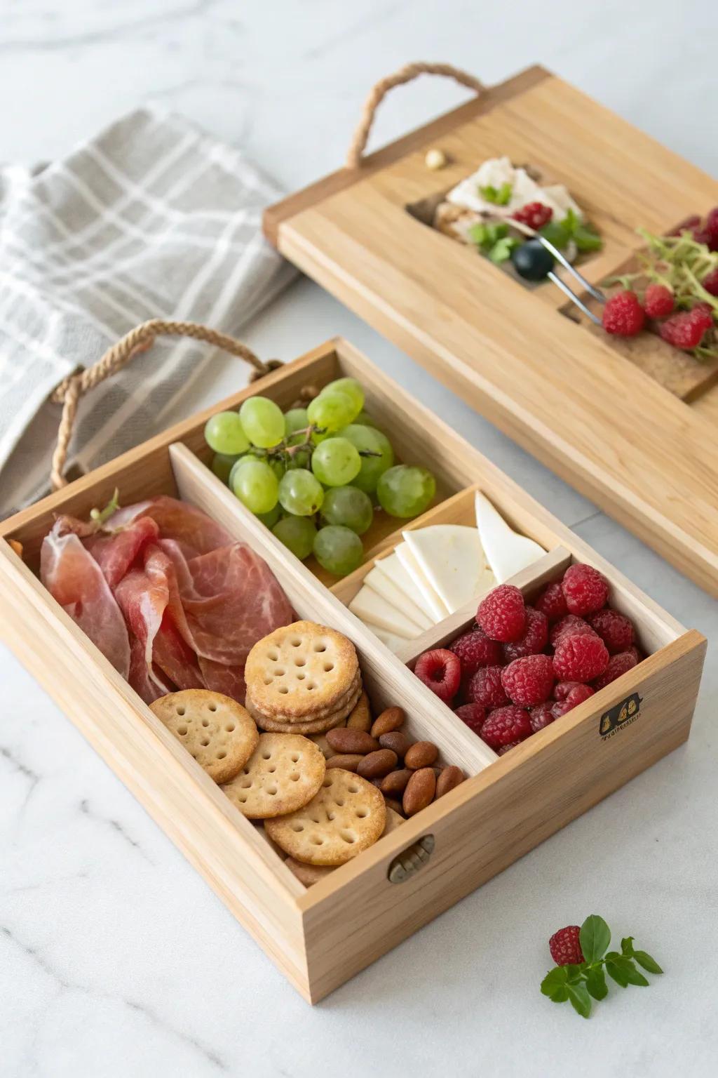 Two-box picnic charcuterie: one for the board, one for the crunch—no soggy crackers.
