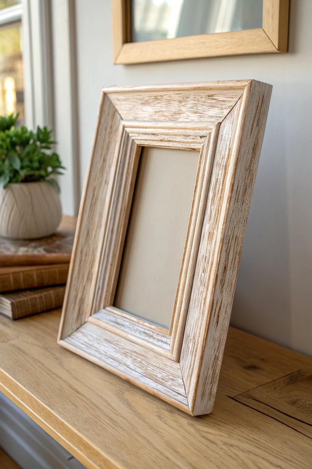 Distressed farmhouse frame: soft whitewash, sanded edges, and warm wood peeking through.