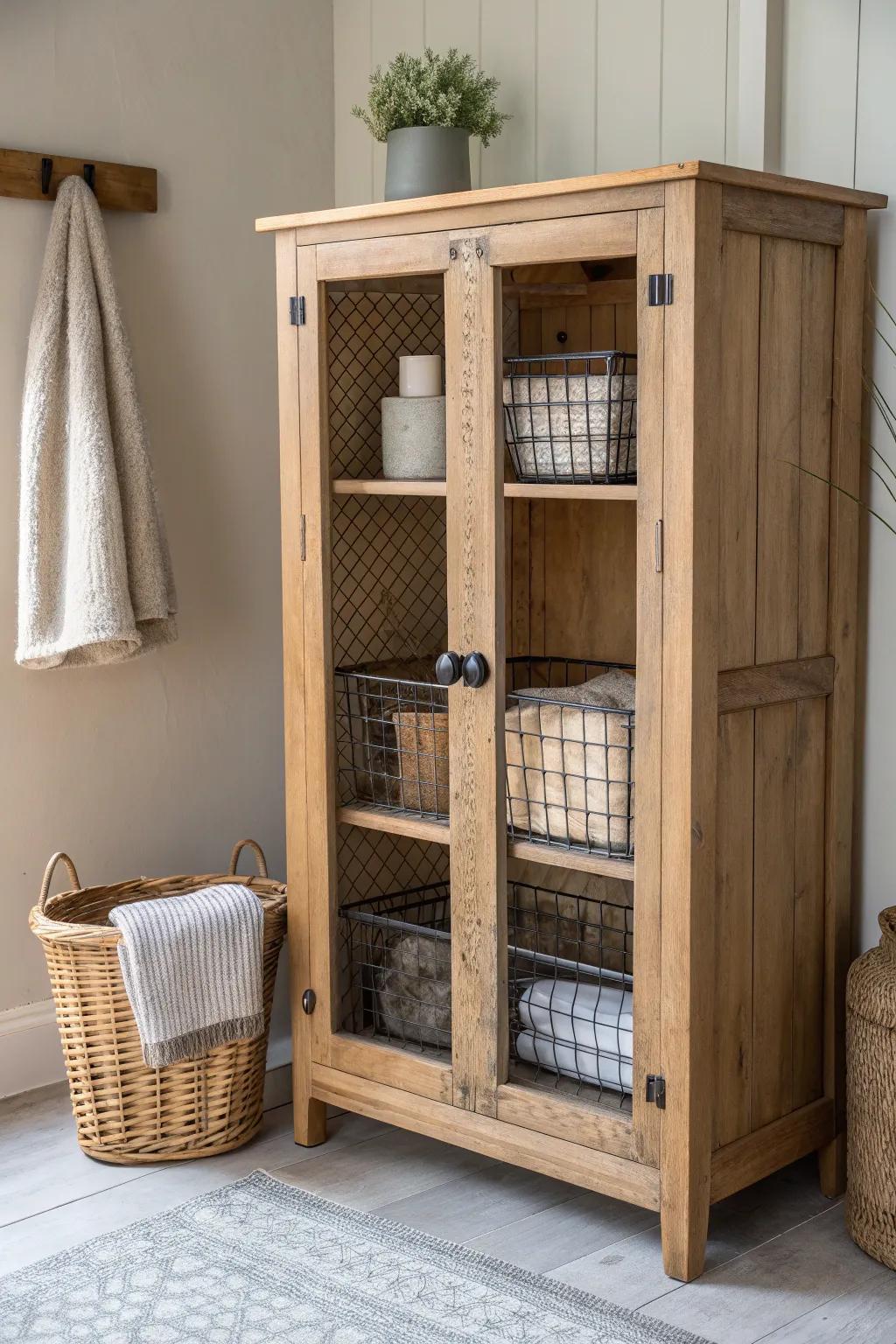 Tidy your pie safe with sleek wire baskets for a calm, curated, display-worthy look.