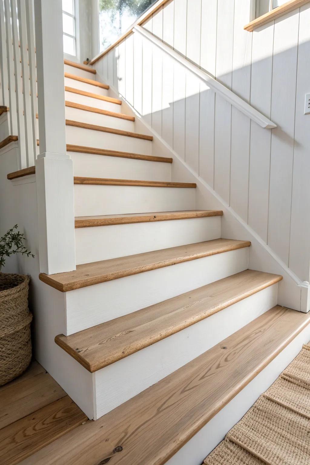 Painted pine treads that blend into the walls—clean, bright, and built for busy homes.