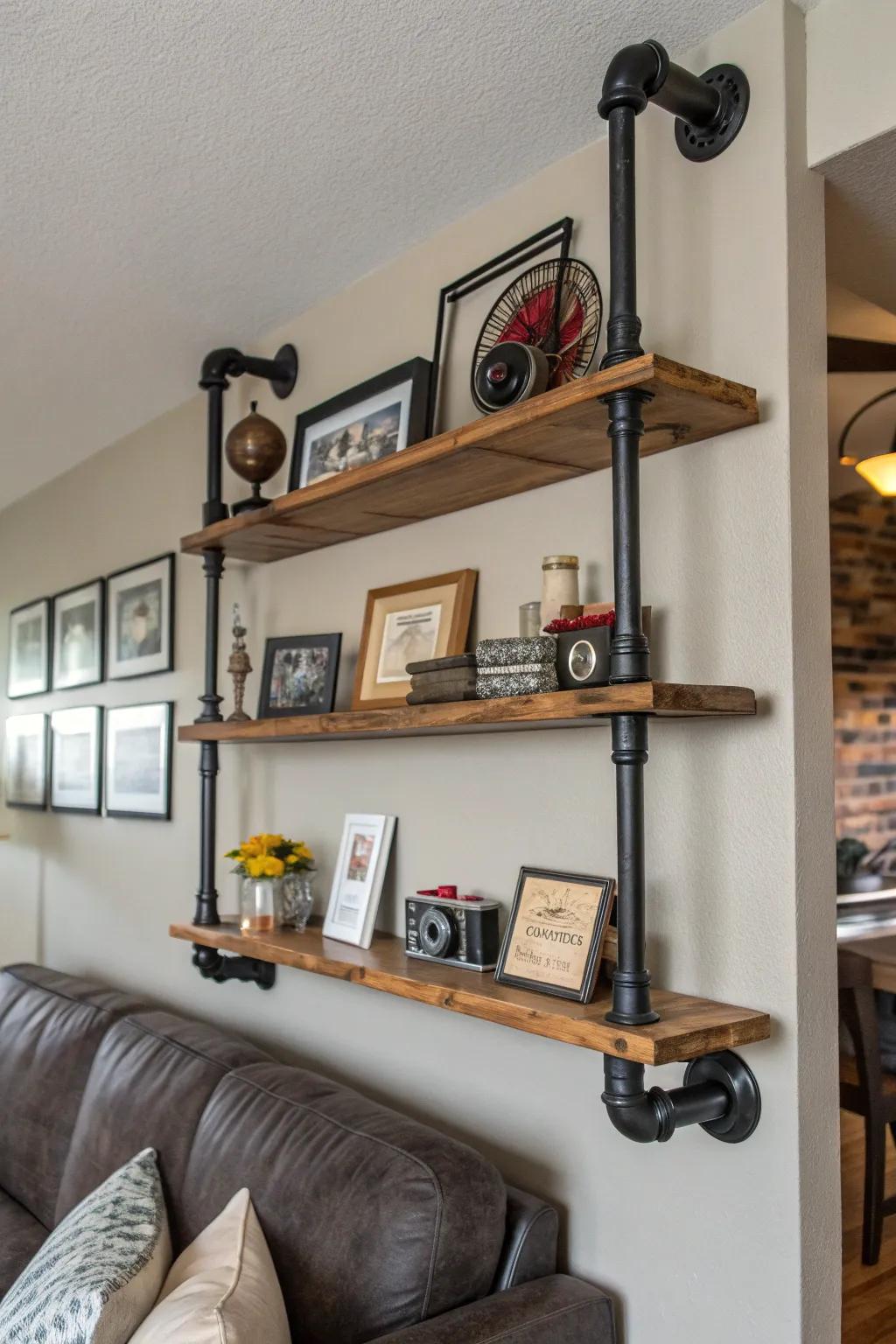 Elevate your living space with a striking pipe shelf art display—where industrial meets personal elegance.